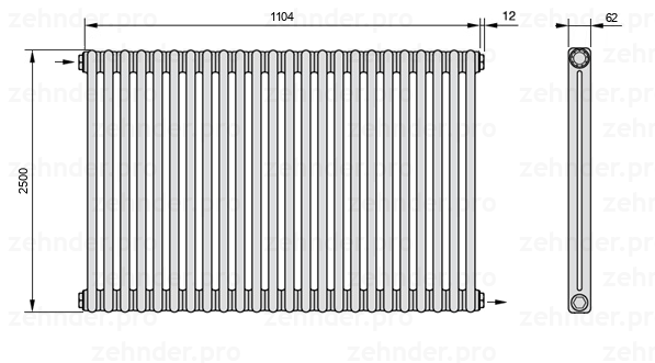 Схема (чертеж) Радиатор Zehnder Charleston 2250/24 №1670 Белый глянцевый RAL 9016